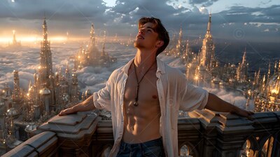 An unbuttoned white shirt covers the shoulders of a man leaning on a stone balcony above bright city spires
