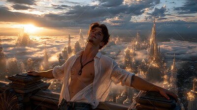 A young man leans back on a high stone balcony in an open pale white shirt as sunset light turns the clouds gold