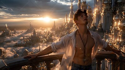 Leaning back on a high balcony, a man in an unfastened clean white shirt looks up at sunset