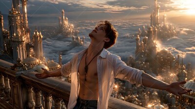 A man opens his arms in an unbuttoned white shirt above a sunlit city in the clouds