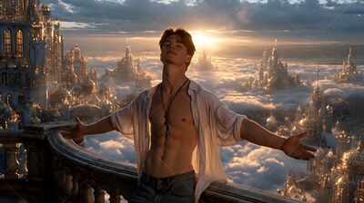 On a stone balcony, an open-shirted young man leans back at sunset