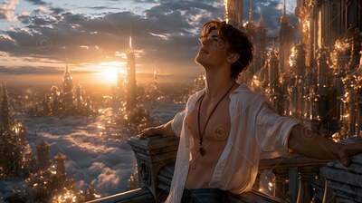 Leaning back on a stone balcony, a young man wearing an open white shirt looks up at the sunset