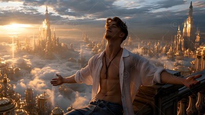 A man in an unbuttoned pale white shirt above a sunset city with stone spires