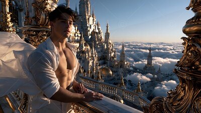 A man wearing an open bright white shirt leans on a gold balcony high above white clouds and spires