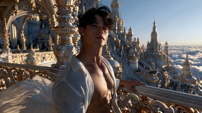 A man leans on a white balcony in an open shirt as warm sunlight hits his chest and pale stone spires