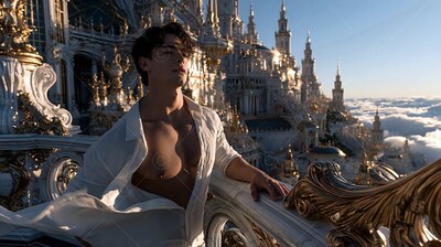 Leaning on a stone balcony, a man in an open clean white shirt looks out over high towers