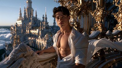 On a high stone balcony, a young man wears an open plain white shirt by a pale castle