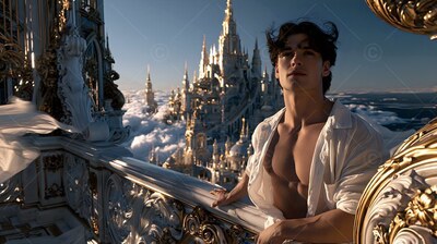Leaning on a carved railing, a man in an open pale white shirt gazes toward distant spires