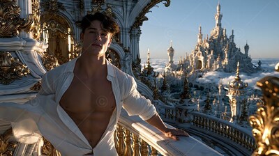 An unbuttoned bright white shirt covers a muscular man leaning on a palace balcony above clouds