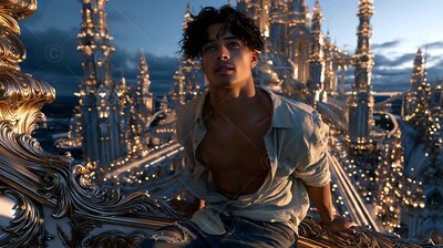 A man in an unbuttoned shirt sits on a high ledge, lit by warm city lights