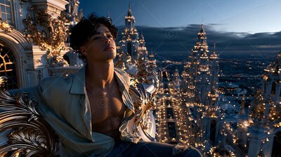 Leaning back on a stone balcony, a man in an open shirt looks over city lights