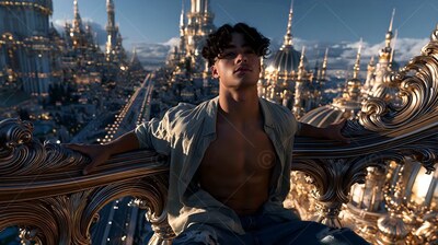 A man in an unbuttoned shirt sits on a high railing above a city at sunset