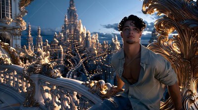 On a white balcony above sp ires, a man sits in an open shirt