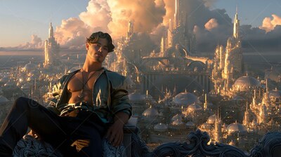 Reclining on a stone rail, an open-shirted man rests above a golden city at sunset