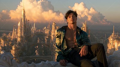 A man wearing an open green shirt sits on a ledge above a sunlit city