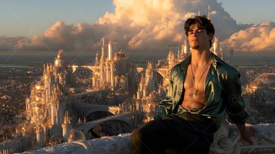 Unbuttoned emerald satin shirt on a young man resting high above a golden city sunset