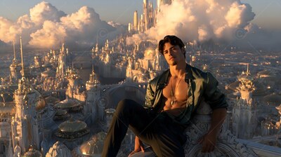 A man relaxes on a high stone ledge high above a city lit by warm sunset light