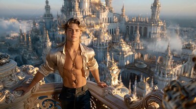 Leaning on a stone balcony, a young man wearing an unbuttoned shirt of silk looks out over a pale city