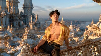 A man with an unbuttoned gold shirt leaning on a balcony above towers