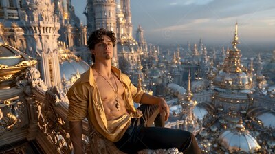 Wearing an open yellow shirt, a man reclines on a stone balcony looking out over a city of spires