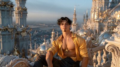 A man sits in an unbuttoned yellow shirt on a stone balcony under warm sunset light