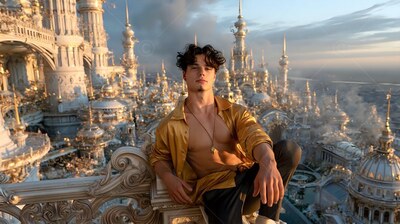 Leaning back above a pale city, a man wearing an open gold shirt sits on a stone ledge