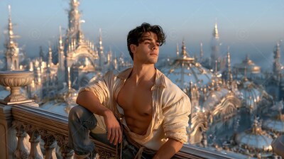 A bare-chested young man wearing an unbuttoned cream shirt sits on a stone railing overlooking a city
