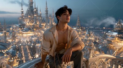 High above a city of lit spires, a man in an open cream shirt sits on a balcony rail