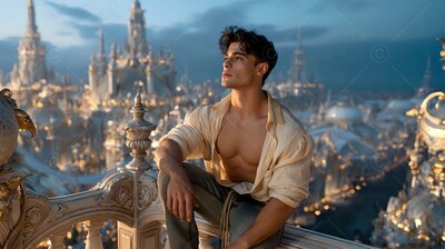 Sitting on a stone balcony, a young man wearing an unbuttoned shirt looks over a city at dusk