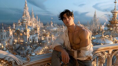 A man in an unbuttoned pale white shirt leans on a balustrade above a city
