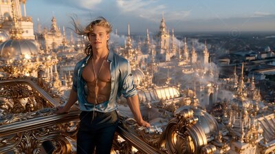 An open blue shirt of silk reveals a young man leaning over a golden city at sunset