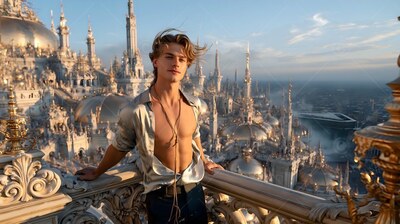 A young man leans on a stone balcony with his shirt of silk open under warm sunset light