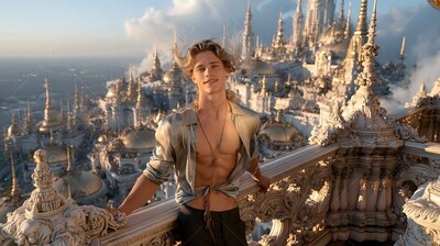 Leaning back on a high balcony, a blond man with an open shirt smiles over a city