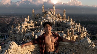 Above a golden palace city, a happy man leans back in an open plaid shirt