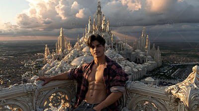 Leaning on a stone balcony, a shirtless man in a plaid shirt smiles above a city of spires
