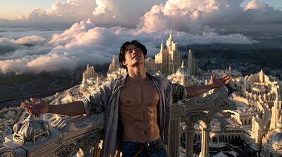 Man with open shirt leaning on a balcony above a white city