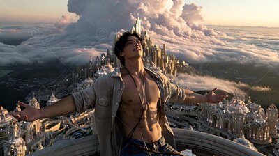 A young man with an open shirt spreads his arms wide on a high stone balcony overlooking a city of clouds