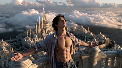 A man with an open shirt rests his arms on a high stone balcony in warm sunset light