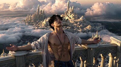 Leaning back with arms spread, a shirtless man rests on a stone balcony above the clouds