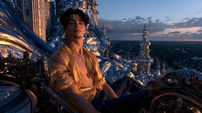 A young man wearing an unbuttoned yellow shirt sits on a high ledge over the city at dusk