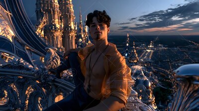 High on a carved balcony, a dark-haired man sits in an unbuttoned gold shirt