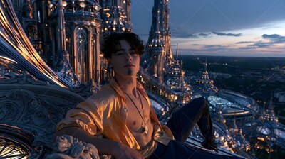 Reclining on high stone architecture, a young man wears an open yellow shirt at dusk