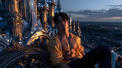 A man sits in an open yellow shirt on a silver rooftop at dusk
