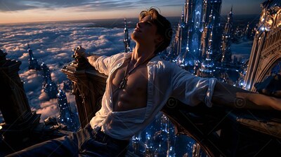 Unbuttoned white shirt open on a man resting on a stone ledge above a blue city at dusk