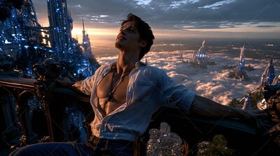 Leaning back on a stone balcony, a man with an unbuttoned white shirt looks up at sunset