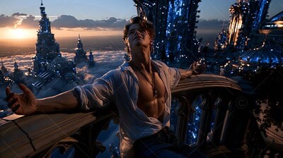 A man leans back with an open clean white shirt on a balcony above a city at sunset