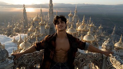 Above golden domes at sunset, a smiling man poses in an open plaid shirt