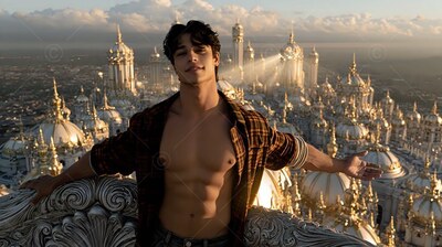 Resting on a carved balcony, a bare-chested man in a plaid shirt smiles over a city of domes