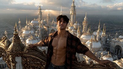 A cheerful man in an unfastened plaid shirt leans back over white spires