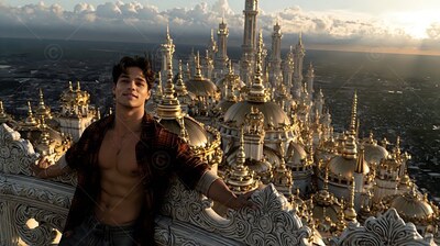 An unbuttoned plaid shirt opens on a cheerful young man leaning above golden spires